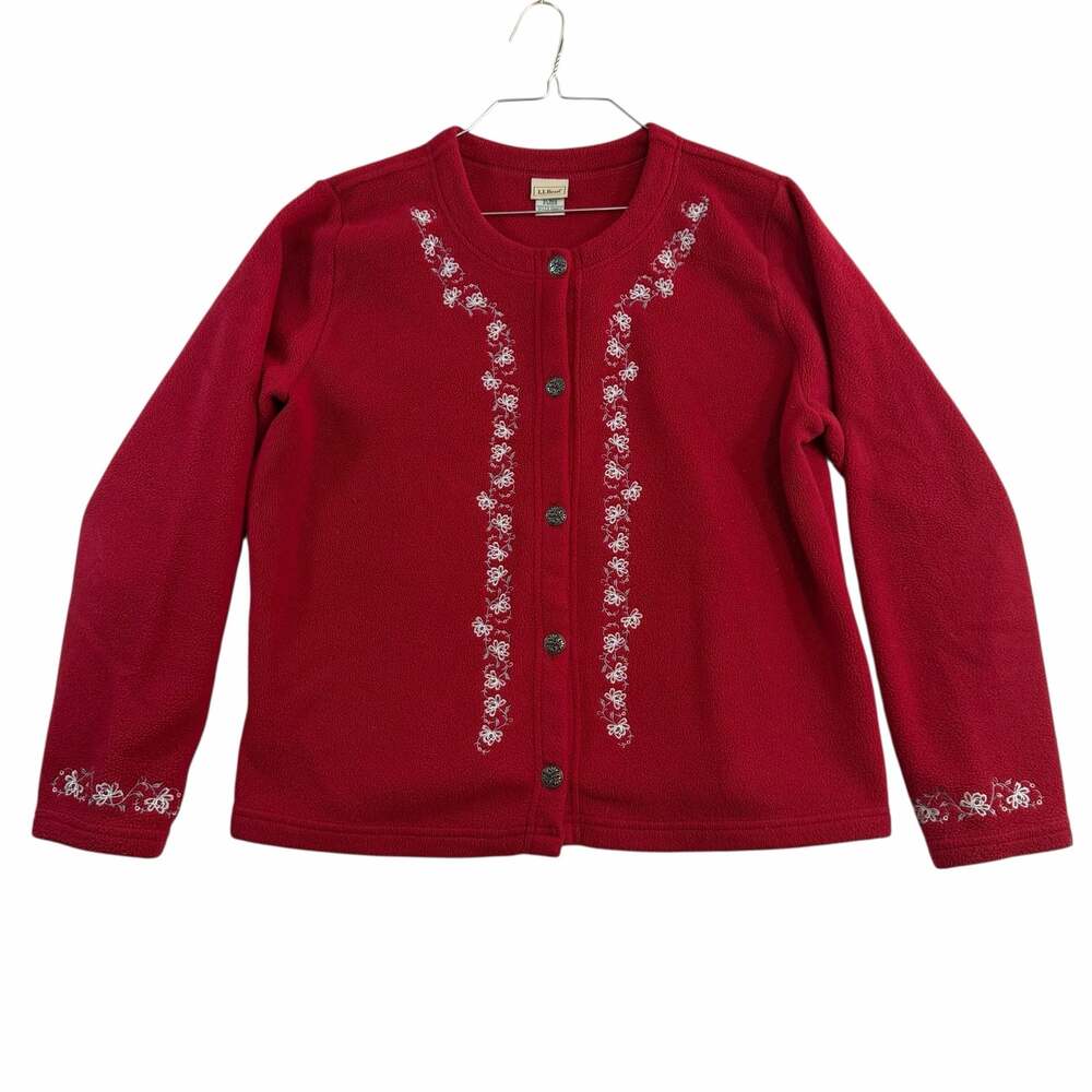 L.L.Bean Vintage Red Fleece Floral Embroidered Button Up Cardigan Sweater XL